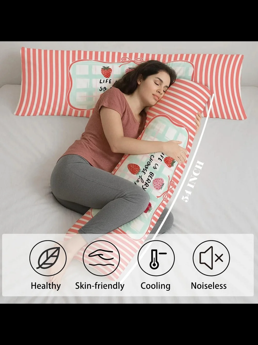 Strawberry Print Body Pillow Cover Pink Stripes Life is Berry Sweet Cottagecore